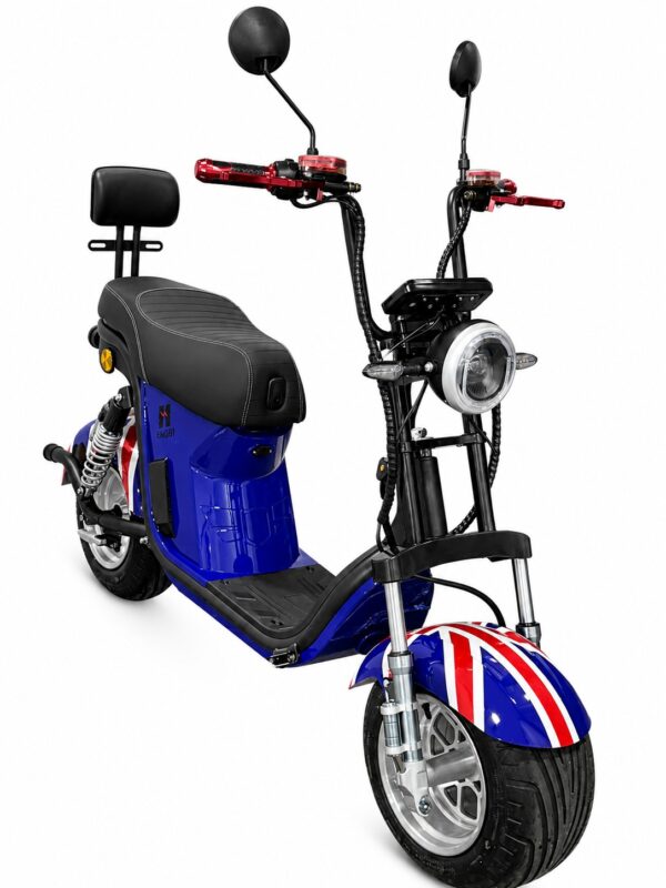 Scooter Elétrica Retrô Azul com Banco Duplo e Encosto – Estilo Clássico e Mobilidade Inteligente